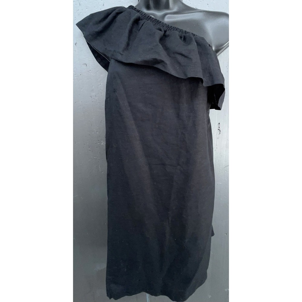 J Crew Dress S Black Linen Cotton Off Shoulder Ruffle Coastal Preppy Whimsy